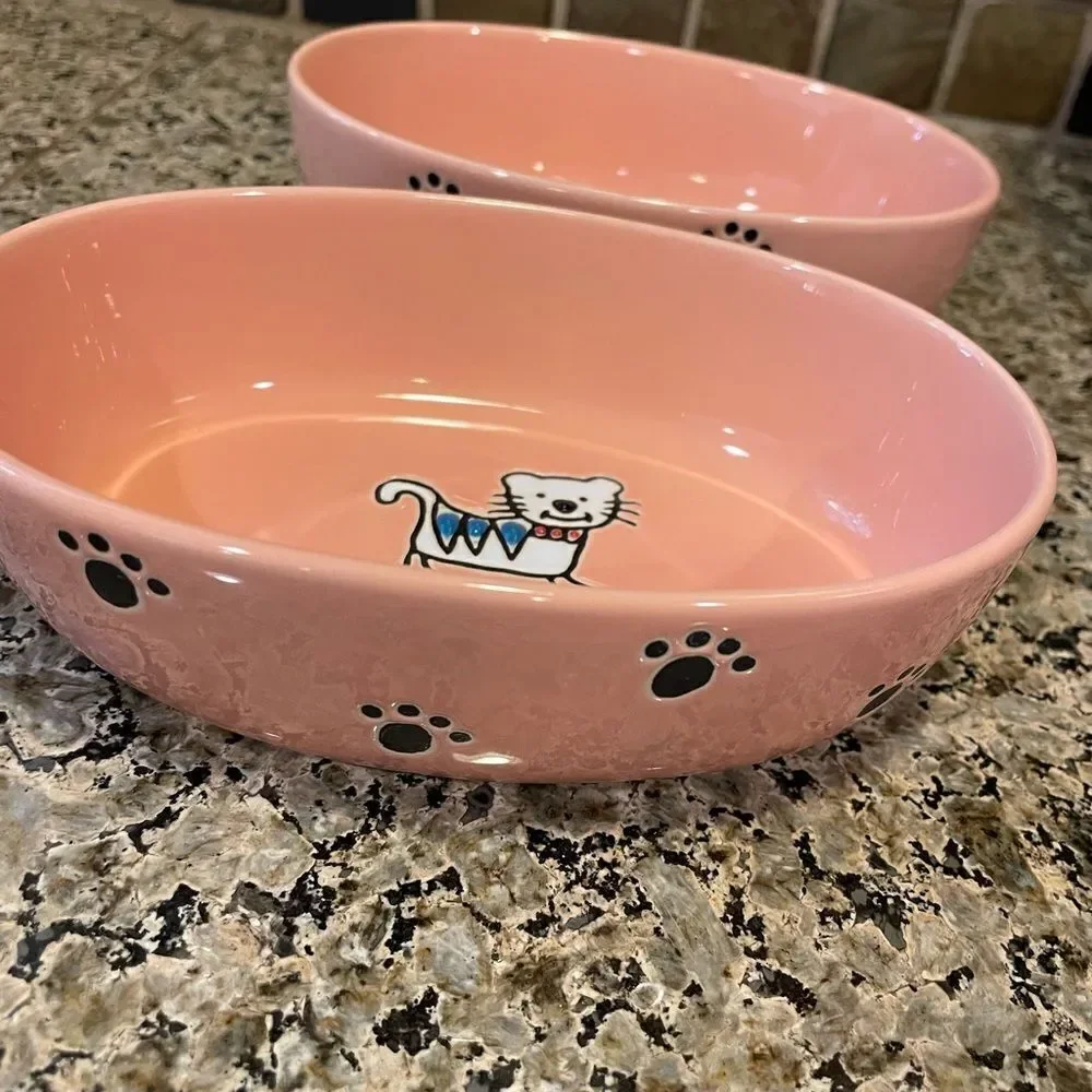 Pet Rageous Adorable Peach Ceramic Cat Bowls set of 2